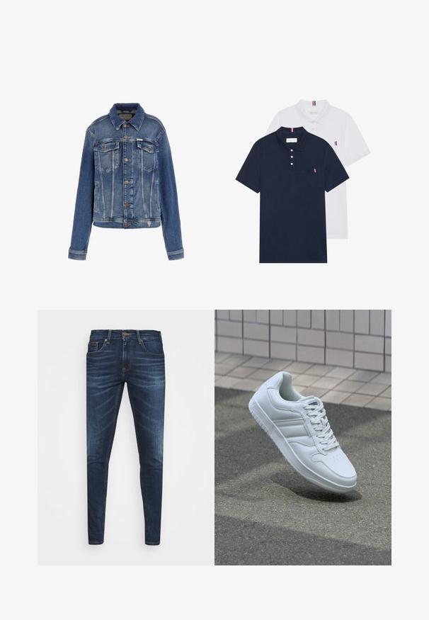 Plava traper jakna s klasičnim dizajnom, dva prednja džepa, dugmad za zatvaranje i blago izblijeđena tekstura s kontrastnim šavovima.; Dva polo majice: jedna tamnoplava i jedna bijela, obje s malim crveno-bijelim-plavim naglaskom na džepu i ovratniku.; Tamno plave traperice uskog kroja, s blagim izbljeđivanjem, pet džepova i metalnim zatvaranjem na dugme. Šivani detalji u kontrastnoj boji.; Bijela atletska tenisica s glatkim kožnim gornjim dijelom, vezanjem sprijeda, perforiranim vrhom i uzorkovanim đonom. Minimalistički dizajn s tri bočne pruge.