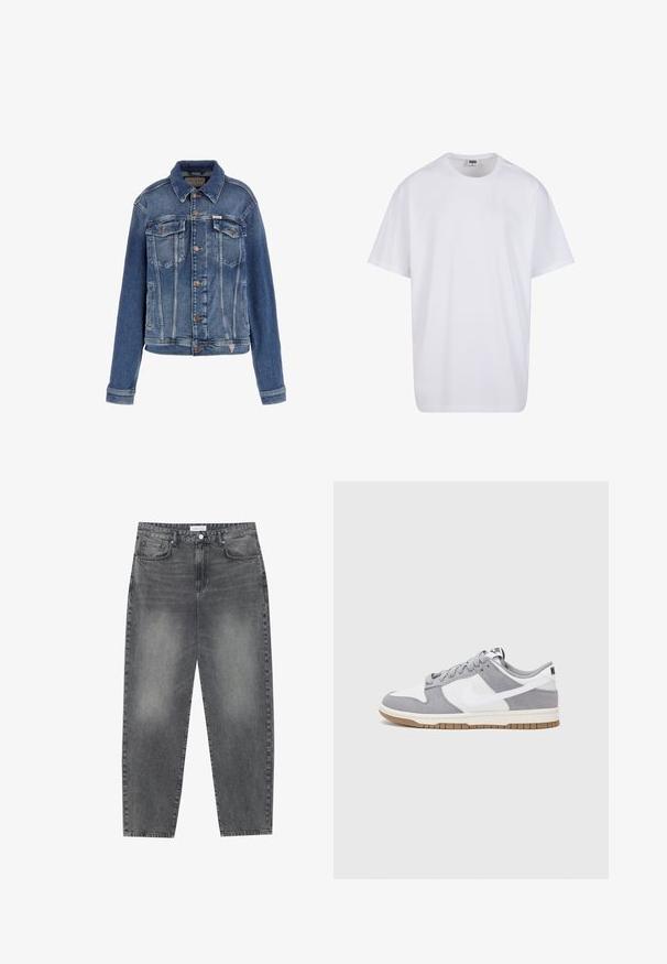 Chaqueta de denim azul con un diseño clásico, dos bolsillos frontales, cierre de botones y una textura ligeramente desgastada con acentos de costura de contraste.; Camiseta blanca de algodón con mangas cortas, cuello redondo, corte relajado y sin logotipos ni patrones visibles. Textura suave y diseño minimalista.; Jeans de cintura alta y corte holgado en denim negro desgastado. Con cinco bolsillos, pasadores para el cinturón y un diseño de pierna recta y limpia.; Zapatilla gris y blanca con parte superior de ante y cuero, puntera redondeada, cordones planos y suela de goma con un acento de goma.