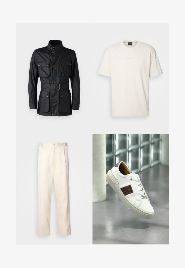 Black jacket made of textured fabric, featuring a high collar, four front pockets, a belted waist, and gold-tone hardware accents.; BOSS TEE - Basic T-shirt - open white; Beige cotton trousers with a straight-leg cut, featuring a button closure and pleats at the front for added detail.; White leather sneaker with a brown woven accent, featuring round laces, a textured rubber sole, and minimalistic design elements.