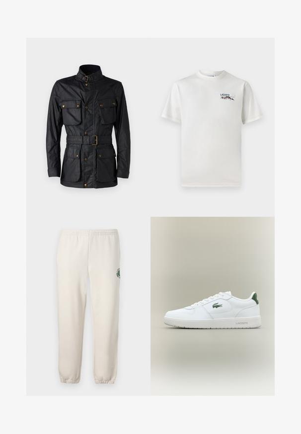 Juodas švarkas, pagamintas iš tekstūruotos medžiagos, turi aukštą apykaklę, keturias priekinės kišenes, diržą juosmens srityje ir auksinius detalės akcentus.; Baltas medvilninis marškinėliai su apykakle, trumpomis rankovėmis ir mažas siuvinėtas logotipas, vaizduojantis kalnus ir tekstą ant kairiojo krūtinės.; Šviesiai smėlinės spalvos medvilninės kelnės, su elastinga juosta, raukšlėtomis rankovėmis ir žalia logotipo su lapo dizainu kairiajame šone.; Balti odiniai sportbačiai su lygiu paviršiumi, žaliais akcentais ant kulno ir žalia logotipu šone. Siūlo plokščią pado struktūrą ir apvalią nosį.