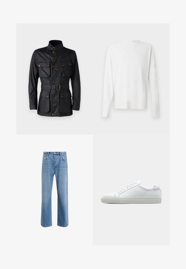 Schwarze Jacke aus strukturiertem Stoff, mit hohem Kragen, vier Fronttaschen, tailliertem Bund und Akzenten in goldfarbener Hardware.; Langärmliges weißes Baumwollhemd mit rundem Ausschnitt, seitlichen Schlitzen am unteren Rand und glatter Textur, von hinten präsentiert.; Helle blaue Jeans im Geradeschnitt-Design, mit fünf Taschen, Knopfverschluss, minimaler Ausbleichung und kontrastierenden Nähdetails.; Weißer Sneaker mit glattem Lederobermaterial und niedrigem Profil. Verfügt über eine runde Zehenpartie, sechs Ösen und eine strukturierte Gummisohle.