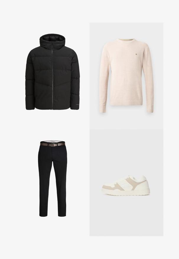 Melnā pūkainā jaka ar rāvējslēdzēja priekšpusi, pievienotu kapuci, quiltēta dizaina un elastīgām cuffiem. Satur diskreto logotipu uz piedurknes.; Bežs garām piedurknēm adīts džemperis ar apaļu kaklu un mazu brūnu izšūtu logo kreisajā krūtī, attēlots uz vienkārša fona.; Melni kokvilnas bikses ar taisnu piegriezumu, kurām ir brūns ādas josta un gluda tekstūra. Vienkāršs dizains, bez redzamām rakstām vai akcentiem.; Baltas un bežs kedas ar gludu un zamšveida tekstūru apvienojumu, apaļu purngali, saiteņu aizdari un platu gumijas zoli.