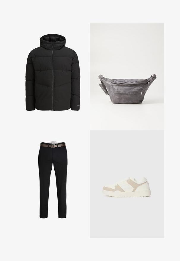 Must must jacket, mille ees zippiga, kinnise kapuutsi, tikandiga kujundus ja elastsete mansettidega. Sünara seljal on diskreetne logo.; Beeži pikki varrukatega kootud sviater, millel on ümar kaelus ja väike pruun tikand vasakul rinnal, esitatud lihtsal taustal.; Mustad puuvillased püksid sirge lõikega, millel on pruun nahkrihm ja sile tekstuur. Lihtne disain, nähtavaid mustreid või aktsente pole.; Valge ja beež treeningjalats, millel on sujuvad ja sametised tekstuurid, ümar varvas, lukk nööbid ja tasane kummist tald.; Hallikate nahast vöö kott, millel on ümar kuju, kaks tõmblukuga taskut ning reguleeritav rihm. Varustatud metallist detailide aktsentidega.