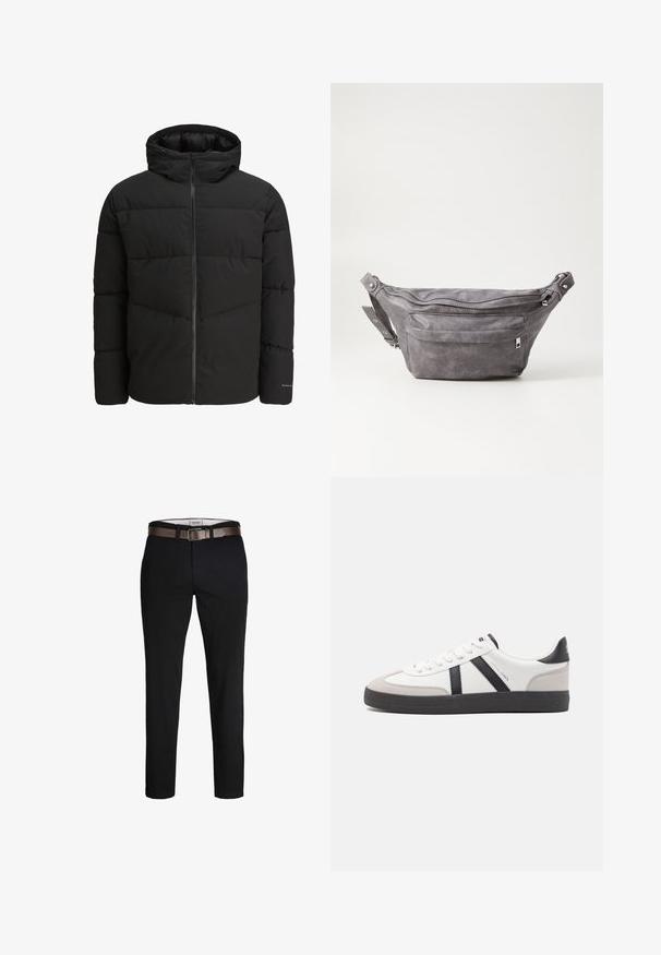 Black puffer jacket with a zip front, attached hood, quilted design, and elastic cuffs. Features a subtle logo on the sleeve.; Beige long-sleeve knit sweater with crew neck and small brown embroidered logo on left chest, displayed on a plain background.; Black cotton trousers with a straight fit, featuring a brown leather belt and a smooth texture. Simple design, no visible patterns or accents.; White sneaker with black and gray accents, featuring a textured gray toe cap, black rubber sole, and flat white laces. Clean design, minimalist style.; Gray suede fanny pack with a rounded shape, two zippered compartments, and adjustable strap. Features metal hardware accents.