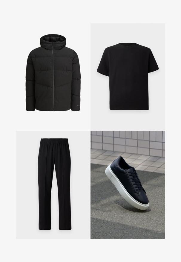 Svart puffjakke med glidelås foran, festet hette, quiltet design og elastiske mansjetter. Har en subtil logo på ermet.; Svart T-skjorte med korte ermer laget av teksturert stoff, med rund halslinning og en avslappet passform. Enkel, uten mønstre eller detaljer.; Svart, elastisk midjebukser med rett ben-design, med en glatt tekstur og uten synlige mønstre eller maskinvare.; Sorte skinnsneakers med rund tå og hvit gummisåle. Har flate lisser og minimal søm på overdelen. Strukturert såle for grep.