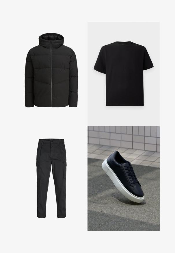 Sort puffjakke med lynlås foran, fast hætte, quiltet design og elastiske manchetter. Har et diskret logo på ærmet.; Sort kortærmet T-shirt lavet af tekstureret stof, med rund halsudskæring og en afslappet pasform. Enkel, uden mønstre eller accenter.; Sorte cargo-bukser lavet af slidstærkt stof, der har flere lommer, en knaplukning og et slim fit design med smalle ben.; Sort lædersneaker med rund tå og hvid gummisål. Har flade snørebånd og minimal syning på overdelen. Tekstureret sål for bedre greb.