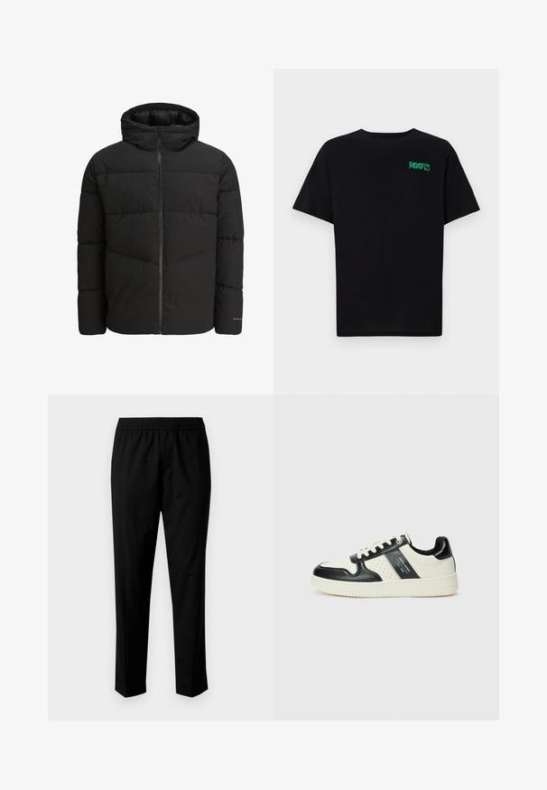 Černá péřová bunda se zipem vpředu, připevněnou kapucí, prošívaným designem a elastickými manžetami. Na rukávu je decentní logo.; Černé tričko vyrobené z bavlny s krátkým rukávem. Na přední straně se nachází zelené logo "ROOTS", kulatý výstřih a standardní střih.; Černé kalhoty s elastickým pasem, s rovnými nohavicemi. Tkanina se zdá být hladká s matnou texturou, bez viditelných vzorů.; Kožené tenisky s černobílou barevnou kombinací, které mají perforované detaily, polstrovaný límec a texturovanou podrážku.