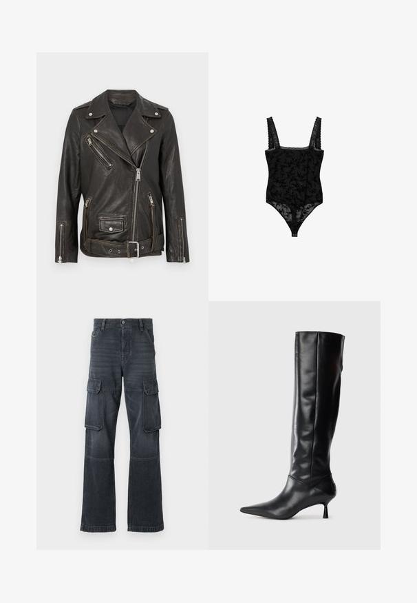 Black leather biker jacket with zippered pockets, silver hardware, and a belted waist. Features a classic asymmetrical design and textured finish.; Black lace bodysuit featuring floral pattern, wide straps with textured trim, and snap closure at the bottom. Sheer material with intricate detail.; Dark grey cargo pants made of denim, featuring two side pockets and a wide-leg design. Stitched detailing along seams and edges.; Black leather knee-high boot with a pointed toe and slim curved heel. Smooth texture, fitted design, and no visible hardware or patterns.