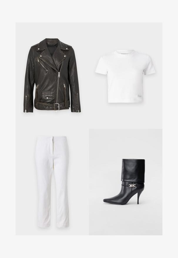Must musta biker-jakk mustade tõmblukkudega taskutega, hõbedaste detailidega ja vööga taljes. Omab klassikalist asümmeetriat disaini ja tekstureeritud viimistlust.; Valge lühike t-särk, mis on valmistatud siledast puuvillast, kõrge kaelusega ja lühikeste varrukatega. Väike tikand logoga alumises nurgas.; Valged puuvillased püksid sirge lõikega, keskmise kõrgusega vöökoht ja ilma nähtavate detailide või mustriteta. Ühtlane sile tekstuur.; Mustad nahast pahkluu saapad terava nina, kõrge stilettokanna, volditud äärega ja kuldse dekoratiivse pandlaga pahkluul.