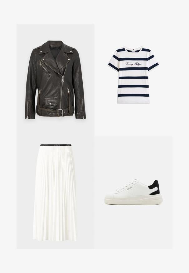 Čierna kožená motorkárska bunda s zipsovými vreckami, striebornými prvkami a opaskom na páse. Má klasický asymetrický dizajn a textúrovaný povrch.; Bavlnené tričko s horizontálnymi námorníckymi pruhmi na bielom pozadí. "Tommy Hilfiger" vyšívané kurzívou na hrudi. Okrúhly výstrih.; Plisovaná biela sukňa s čiernym elastickým pásom s logom "LACOSTE". Sukňa je stredne dlhá a má mäkkú textúru.; Biele kožené tenisky s hrubou bielou podrážkou, čiernym zamekom na päte a vyrazeným logom na boku. Šnurovací dizajn so šiestimi očkami.