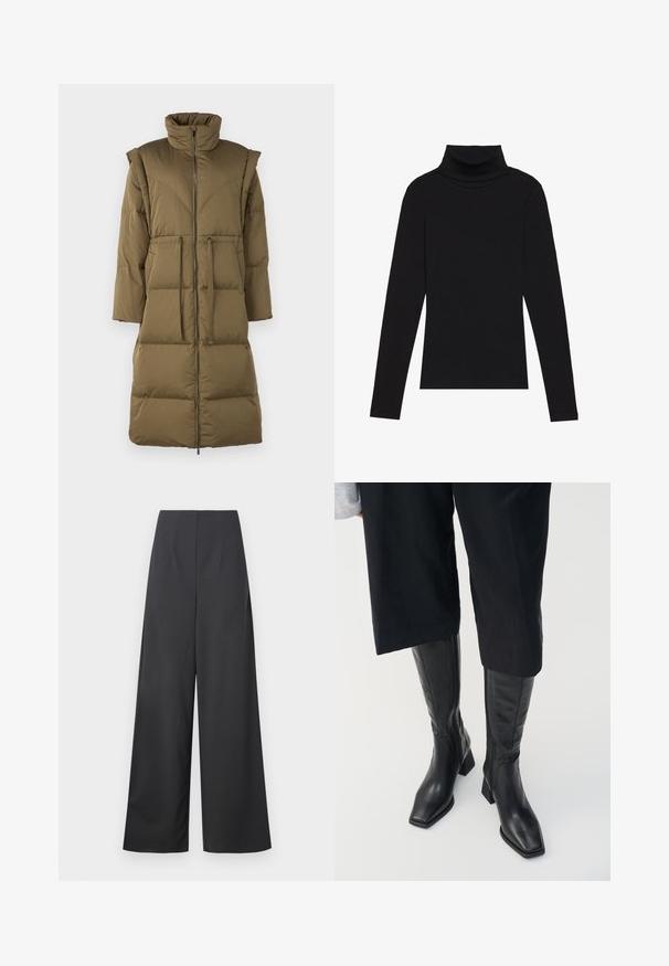 Giacca puffer verde oliva con colletto alto, chiusura frontale con zip e due tasche anteriori. Presenta un'imbottitura orizzontale e una silhouette rilassata.; Maglione a collo alto nero a maniche lunghe, realizzato in tessuto a coste, presenta un design aderente con un collo alto e senza motivi o dettagli.; Pantaloni a vita alta, a gamba larga in tessuto grigio scuro con una texture liscia. Presentano nessuna tasca visibile o decorazioni.; Stivali neri in pelle fino al ginocchio con punta quadrata e tacco a blocco. Caratterizzati da una chiusura laterale con zip e una texture liscia.