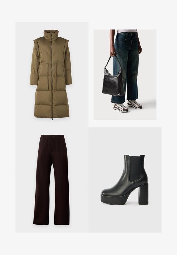Geacă puffer de culoare verde măsliniu, cu guler înalt, închidere prin fermoar pe față și două buzunare frontale. Aceasta are o quiltare orizontală și o siluetă relaxată.; Top ribbed, de culoare maronie, cu mâneci lungi și gât rotund. Fabricat dintr-un material neted și elastic, cu un croi ajustat și detalii minime.; Pantaloni largi maro închis, cu fermoar, închidere cu nasture și bucle pentru curea, expuși pe un fundal simplu.; Cizmă de gleznă din piele neagră, cu toc gros, panouri laterale elastice și o textură netedă. Are un talpă cu platformă pentru un plus de înălțime.; Geantă de umăr din piele neagră, cu o textură netedă și curea ajustabilă, asortată cu blugi evazați și adidași.