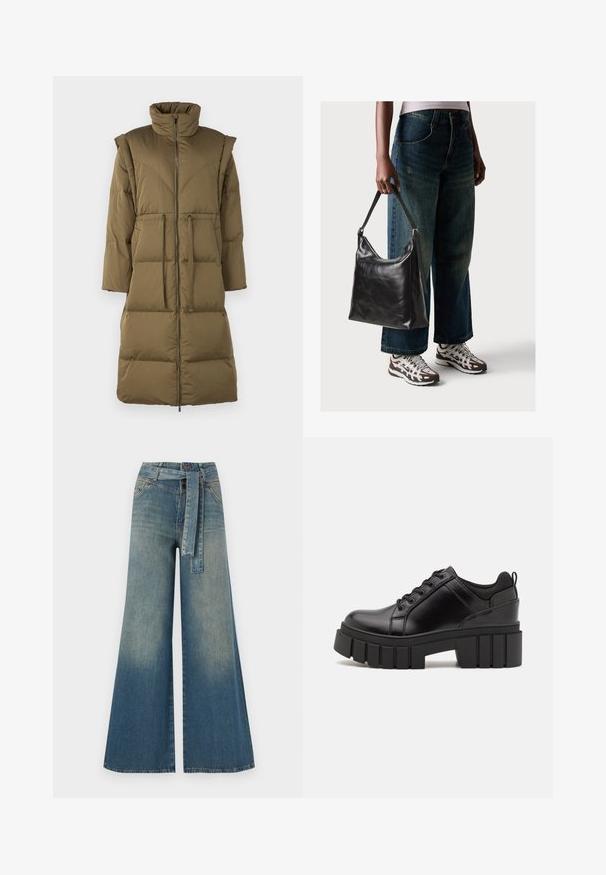 Olijfgroene pufferjas met een hoge kraag, ritssluiting aan de voorkant en twee voorkruiszakken. Het heeft horizontale stiknaden en een ontspannen silhouet.; Zwarte katoenen t-shirt met korte mouwen, voorzien van een kleine roze vlinder graphic op de linkerkant van de borst. Crew neck ontwerp met een relaxte fit.; Wijduitlopende denim broek met een lichte naar donkere blauwe gradient, hoge taille, riemlussen en een bijpassende stoffen riem. Gestructureerde denimafwerking.; Zwarte leren platform schoenen met een stevige blokhak, ronde neus en een traditionele vetersluiting. Kenmerkt zich door een gladde textuur en minimale details.; Zwarte leren schoudertas met een gladde textuur en een verstelbare strap, gecombineerd met vervaagde wijde jeans en sportieve sneakers.