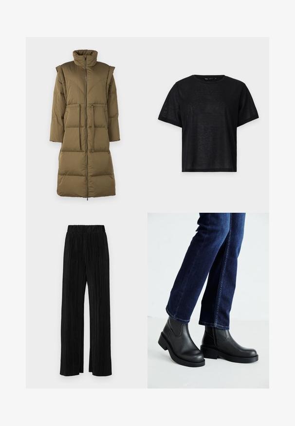 Olíva zöld puffernadrág magas gallérral, elöl cipzáras záródással és két elülső zsebbel. Jellemzője a vízszintes tűzés és a laza fazon.; Fekete, rövid ujjú póló laza szabással, sima textúrával és kerek nyakkivágással. Könnyű anyag, finom fénylő hatással.; Fekete pliszírozott nadrág gumis derekkal. Széles lábakkal rendelkezik, sima, texturált anyagból készült, függőleges csíkokkal.; Fekete bőr bokacsizma vastag talppal és oldalán elnyújtott elasztikus betétekkel, sötétkék farmerral párosítva. A talaj világos színű.