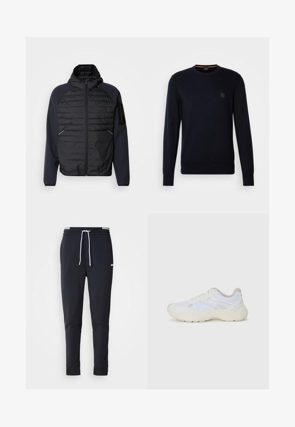 Hættetrøje med en sort quiltet front, marineblå ærmer, lynlåslukning og sidelommer. Har et logo-patch på ærmet.; Marineblå strikket trøje med lange ærmer, rund halsudskæring, ribbede manchetter og kant, med et lille firkantet logo-patch på brystet.; Sorte slim-fit joggingbukser med hvid snor, elastisk talje med hvide striber og lille hvidt logo på den øverste lår.; Hvide sportssko lavet af mesh og ruskind, med en struktureret mellemsål, strukturerede detaljer og "HUGO"-logoet på siden.