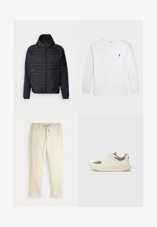 Kurtka z kapturem z czarnym pikowanym przodem, granatowymi rękawami, z zamkiem błyskawicznym i kieszeniami bocznymi. Posiada naszywkę z logo na rękawie.; Biały t-shirt z długim rękawem wykonany z bawełny. Posiada okrągły dekolt, ściągacze przy mankietach oraz małe granatowe logo polo na lewej piersi.; Casualne spodnie w kolorze off-white z elastycznym pasem i sznurkiem, proste nogawki i boczne kieszenie na jednolitym tle.; Białe i jasnobeżowe sneakersy sportowe, z siateczkową cholewką, perforowanymi detalami oraz teksturowaną podeszwą śródstopia z brandingiem na pięcie.