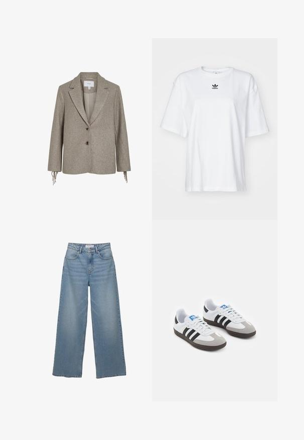 Világosszürke gyapjú blézer, amelynek egyenes hajtókái, két elülső gombja és rojtos ujjak díszítése van. Texturált anyag, amely enyhén strukturált szabású.; Fehér, rövid ujjú póló, amely pamutból készült. Kerek nyakkivágással és egy kicsi fekete Adidas logóval rendelkezik a mellkasán. Egyenes fazonú szegély.; Világoskék, bő szárú farmernadrág. Magas derekú, öt zsebes kialakítással rendelkezik, egyenes szabású, minimális kopással.; Fehér bőr felsőrészes sportcipő, szürke velúrból készült orral és három fekete csíkkal. Jellemzője a kék logó a nyelvén és egy texturált gumitalp.