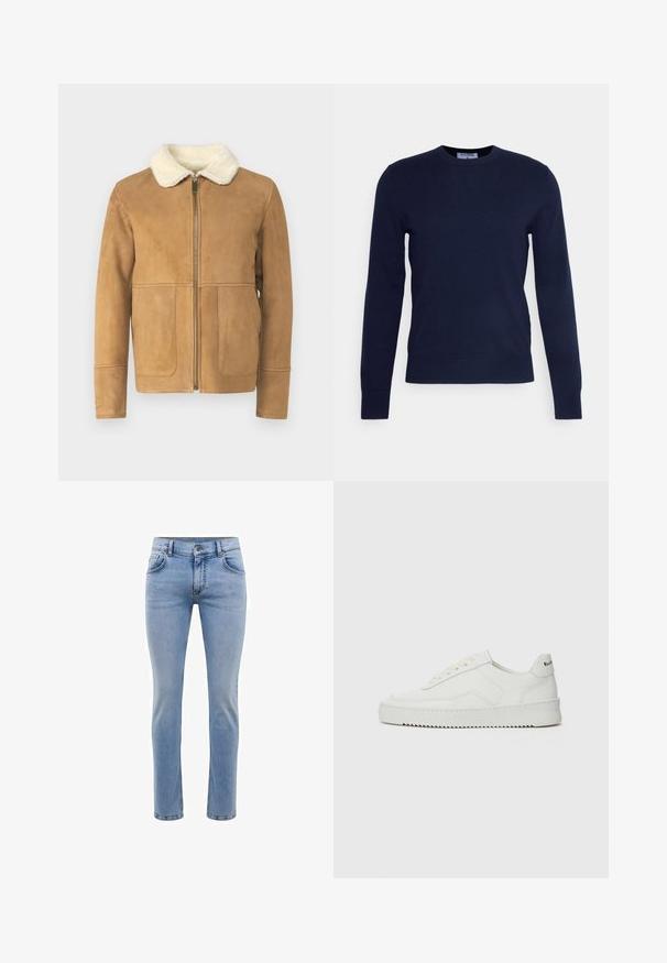 Hnedá semišová bunda s umelou kožušinou na golieri, so zipsom vpredu a dvoma prednými vreckami. Hladká štruktúra, prispôsobený strih, minimálne švy.; Námornícky modrý sveter s okrúhlym výstrihom vyrobený z mäkkého materiálu, s dlhými rukávmi a rebrovaným lemom. Žiadne viditeľné vzory ani ozdoby.; Svetlomodré džínsy s úzkym strihom, piatimi vreckami a rovnými nohavicami. Obsahujú zips a pásky na opasok. Mäkká textúra.; Biele kožené tenisky s hladkým povrchom, okrúly špičkový dizajn, ploché šnúrky a textúrovaná podrážka. Obsahujú jemné logo na päte.