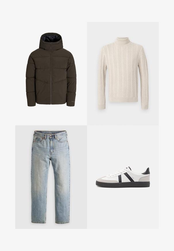 Dunkelolivgrüne Pufferjacke mit durchgehendem Frontreißverschluss, Kapuze und gestepptem Design mit schrägen Nahtdetails am Körper.; Beige, gestrickter Pullover mit hohem, geripptem Rollkragen. Er verfügt über ein strukturiertes Zopfmuster sowie gerippte Bündchen und Saum, was ein gemütliches Erscheinungsbild bietet.; Helle blaue Jeans mit hoher Taille, Frontknopf, Reißverschluss und fünf Taschen-Design, flach auf einem neutralen Hintergrund ausgelegt.; Weiße Sneaker mit schwarz- und grau-aczenten, ausgestattet mit einer strukturierten grauen Zehenkappe, schwarzer Gummi-Sohle und flachen weißen Schnürsenkeln. Sauberes Design, minimalistische Stil.