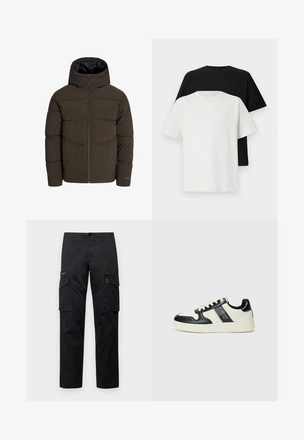 Puffjakke i mørk olivengrøn, med fuld lynlås foran, hætte og quiltet struktur med skrå sømdetaljer på kroppen.; Sæt af bomulds T-shirts bestående af en sort top og en hvid top, begge med korte ærmer, rund halsudskæring og standard pasform. Tekstureret stof.; Sorte cargo-bukser med multiple lommer, en lynlåslomme på låret, lige pasform og holdbart bomuldsstof med let glans.; Lædersneakers i sort og creme farveskema, med perforerede detaljer, en polstret krave og en struktureret ydersål.