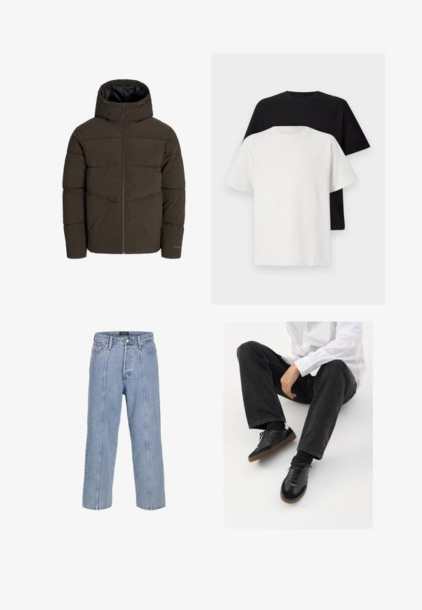 Chaqueta de plumas en verde oliva oscuro, que cuenta con un cierre frontal completo, capucha y textura acolchada con detalles de costura en ángulo en el cuerpo.; Conjunto de camisetas de algodón que incluye una camiseta negra y una blanca, ambas con mangas cortas, escote redondo y corte estándar. Tejido texturizado.; Vaqueros de mezclilla de color azul claro con un corte suelto, piernas anchas y detalles de costura visibles. Cuenta con un cierre de botón y cremallera, y cinco bolsillos.; Zapatillas negras con una parte superior suave y texturizada, que cuentan con una suela de goma y cordones oscuros. Combinadas con jeans negros y una camisa blanca a rayas.