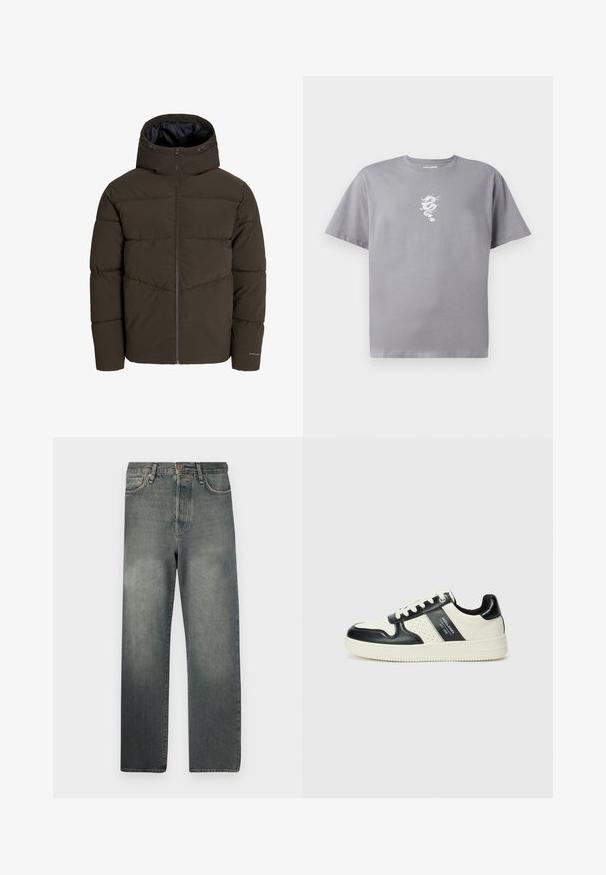 Sötét olívazöld puffdzseki, teljes elülső cipzárral, kapucnival és steppelt textúrával, amelyek ferde varrási részletekkel díszítik a testet.; Szürke pamut póló, bal mellen fehér sárkány grafikával, rövid ujjal és laza fazonnal, kerek nyakkivágással.; Jack & Jones JJIALEX JJCOOPER - Túlméretezett farmernadrág - black denim; Fekete és krém színű bőrsneaker, perforált díszítésekkel, párnázott bokapánttal és texturált talppal.
