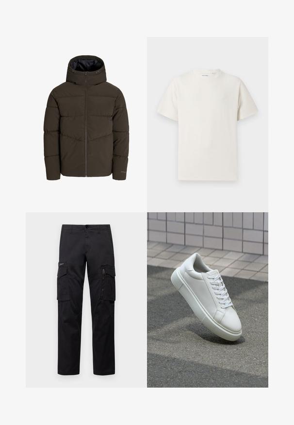 Puffjakke i mørk olivengrøn, med fuld lynlås foran, hætte og quiltet struktur med skrå sømdetaljer på kroppen.; Hvid kortærmet T-shirt i ribbet tekstur. Rund halsudskæring, løs pasform, ingen synlige mønstre eller accenter. Enkel og alsidig design.; Sorte cargo-bukser med multiple lommer, en lynlåslomme på låret, lige pasform og holdbart bomuldsstof med let glans.; Hvide lædersneakers med en glat overflade, rund tå og flade hvide snørebånd. Har en tekstureret gummisål og minimalt design.