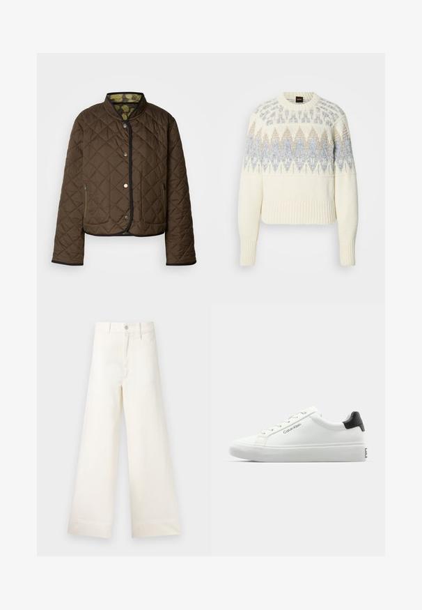 Quilted brown jacket with black trim, featuring a high collar, snap buttons, and two zippered side pockets. Interior has a patterned lining.; Cream knit sweater with ribbed cuffs and hem, featuring blue and beige geometric patterns across chest and upper sleeves.; Wide-leg trousers in light beige cotton. Features a high waist, front pockets, and a straight cut. Clean hem finishing without patterns.; White sneaker with a smooth finish, black heel accent, and lace-up design. Features "Calvin Klein" branding on the side. Minimalist style.