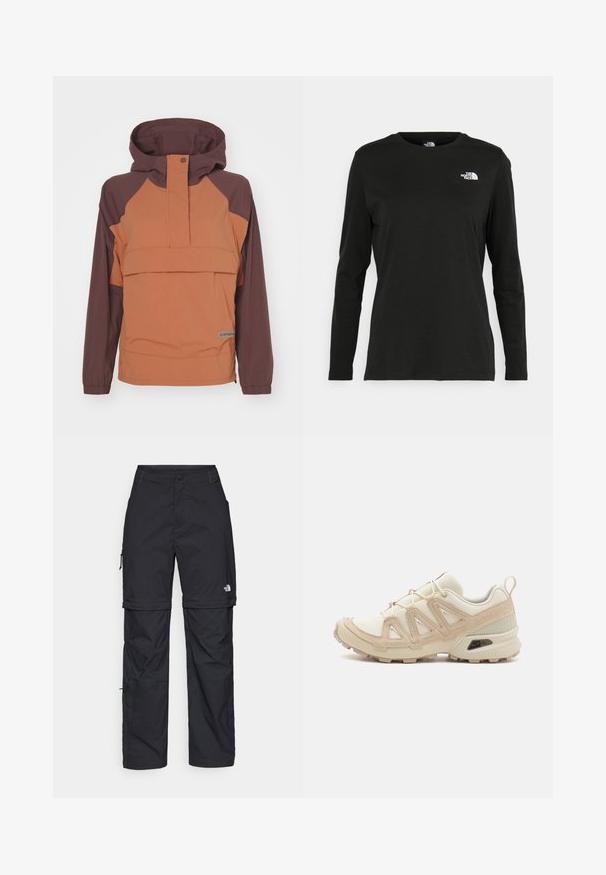 Orange and brown pullover jacket with a hood, featuring a front pocket, elastic cuffs, and a logo on the lower side. Made from lightweight fabric.; Black long-sleeve t-shirt made of cotton with a round neck. Features a small white logo on the left chest area. Simple design and fit.; Black nylon zip-off cargo trousers with adjustable cuffs, multiple pockets, and a logo on the right leg. Smooth, lightweight texture.; Beige and cream athletic shoe with textured mesh upper, supportive overlays, and rubber outsole featuring a tread pattern for traction.