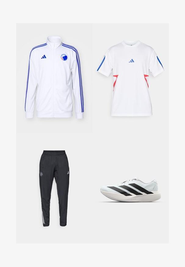 Hvit sportsjakke med blå striper, glidelås foran og logo. Laget av glatt stoff, med ribbestrikkede mansjetter og hem.; Hvit treningsskjorte laget av lett mesh, med blå aksenter på ermene og røde trekantede design på sidene. Adidas-logoen er synlig.; Sorte treningbukser med elastisk midje, brodert logo på låret og hvite striper som går nedover sidene.; Lette løpesko i lys blå med svarte striper. Har en myk overdel, rund tå og tykk hvit mellomsole merket "LIGHTSTRIKE PRO."