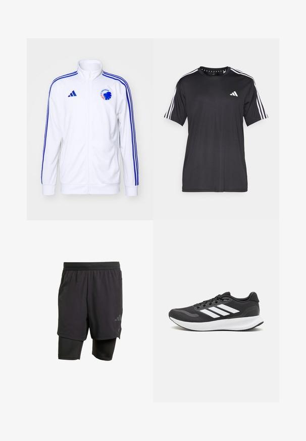 Valge spordijakk siniste triipude ja tõmblukuga ees, millel on logo. Valmistatud sileda kangaga, ribased mansetid ja äär.; Mustaline lühikeste varrukatega t-särk musta värviga, millel on valge kolme triibu disain õlgadel ja logo rinnal. Valmistatud hingavast kangast, sile tekstuur.; Mustavad sportlikud lühikesed püksid integreeritud sisekihiga, valmistatud hingavast kangast. Omab diskreetset logo ja struktureeritud tekstuuri. Reguleeritav vöökoht.; Mustmust valmistatud õhulise võrgu ülemise osa, valgete aktsentidega ja pehme tallaga must sportlik king. Küljel on kolm triipu kujutav logo.