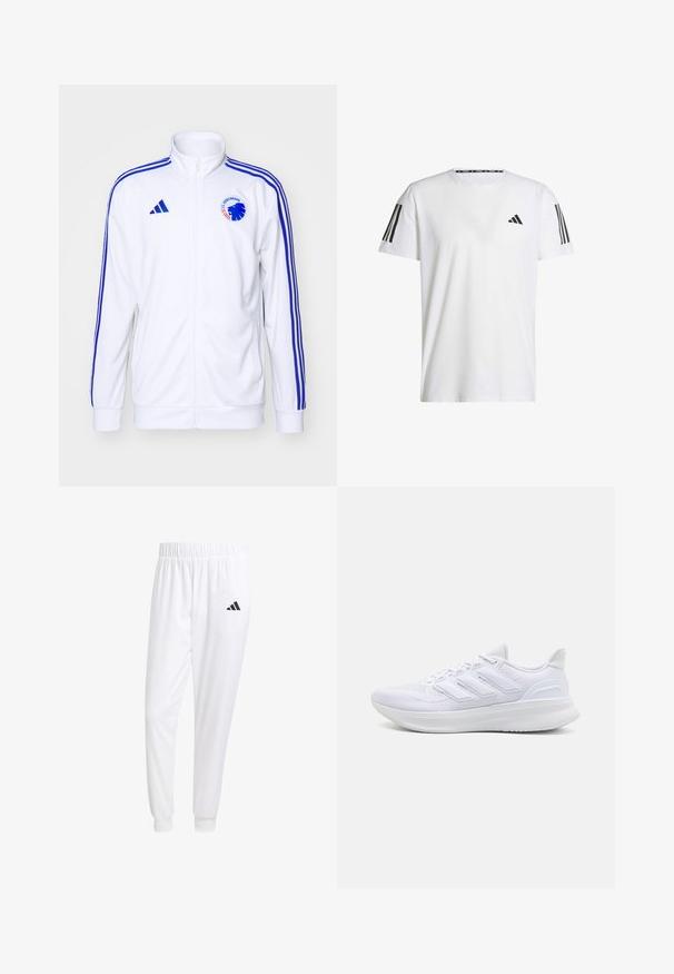 Chaqueta deportiva blanca con rayas azules, con cierre frontal y logo. Hecha de una tela suave, con puños y dobladillo acanalados.; Camiseta blanca de manga corta hecha de tejido transpirable, con un logo triangular negro y tres rayas negras en cada hombro.; Pantalones deportivos blancos de tela suave, con cinturilla elástica y puños ajustados, y un logo negro en el bolsillo trasero.; Zapatillas deportivas blancas con una parte superior de malla texturizada, suela acolchada y soporte, y un diseño de tres rayas en el lateral.