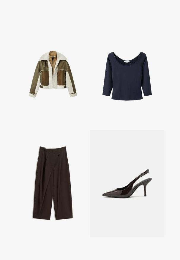 Desigual CHAQ EDIMBURGO - Jachetă de iarnă - olive green; Blu marin, top cu mânecă 3/4, cu decolteu larg, realizat dintr-un material moale. Dispune de mâneci raglan și un tiv drept.; Pantaloni largi de culoare maron închis, cu talie înaltă, având închiere cu un singur nasture și un față pliată. Confectionați dintr-un material ușor.; Pantof cu toc înalt Slingback din piele sintetică lucioasă de culoare maro închis, vârf ascuțit, laterale deschise și curea ajustabilă la glezne.