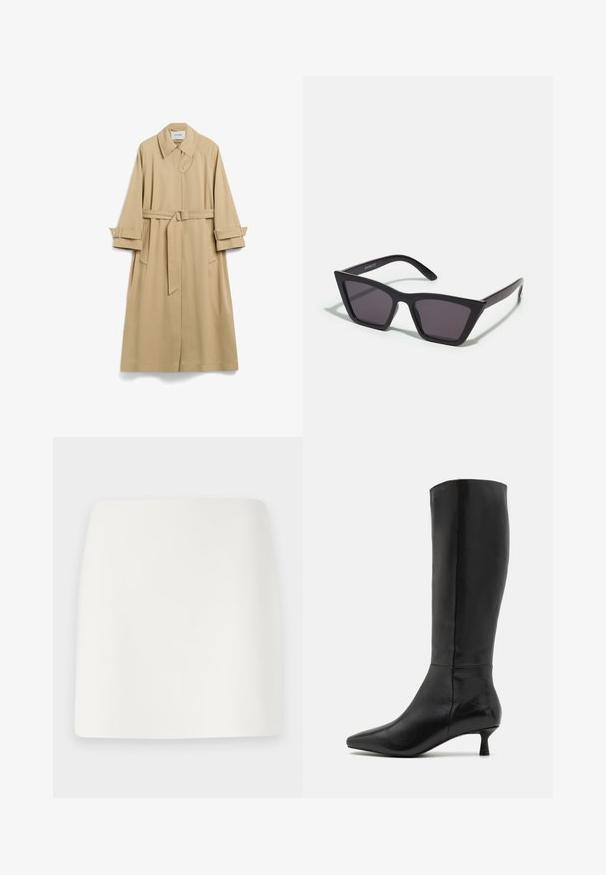 Beżowy trencz z gładkiego materiału, z paskiem w talii, kołnierzem typu lapel i dużymi kieszeniami bocznymi. Rękawy wywinięte z zapięciem na napy.; Czarny sweter z golfem, z długimi rękawami, krótki fason, dziany teksturą i dopasowanymi mankietami. Prosty, jednolity kolor bez wzorów.; Biała, dopasowana mini spódnica o gładkiej fakturze i prostych liniach. Brak widocznych wzorów i akcesoriów. Prosty dół.; Zign - Kozaki; Czarne, kanciaste okulary przeciwsłoneczne z szarymi soczewkami; wykonane z plastiku, z grubymi zausznikami o gładkiej powierzchni i bez widocznych elementów metalowych.
