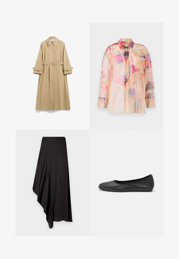 Beige trench coat made of smooth fabric, featuring a belted waist, lapel collar, and large side pockets. Rolled cuffs with snap closures.; Sheer, long-sleeved blouse in pastel colors with a floral watercolor pattern, featuring a collar, front buttons, and a chest pocket.; AERON ASTER SKIRT - Pencil skirt - black; Black leather ballet flat with a rounded toe, smooth texture, minimal stitching detail, and a flexible sole design.