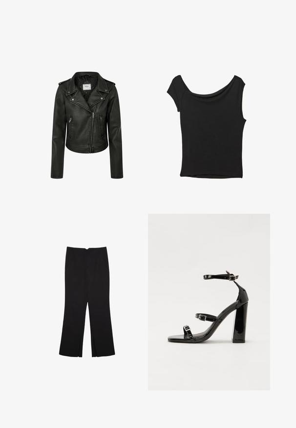 Giacca biker in ecopelle nera con design cropped, zip frontale asimmetrica e rever a scatto. Presenta tasche laterali con zip.; Top nero a maniche corte realizzato in tessuto liscio; presenta un colletto drappeggiato e un orlo asimmetrico, con una vestibilità aderente.; Pantaloni neri a gamba dritta, con tasche frontali e spacchi laterali all'orlo. Realizzati in tessuto morbido e liscio. Adatti a diverse occasioni.; Sandali con tacco in vernice nera, con punta squadrata, cinturini alla caviglia e fibbie in argento. Presentano un tacco a blocco spesso per maggiore stabilità.