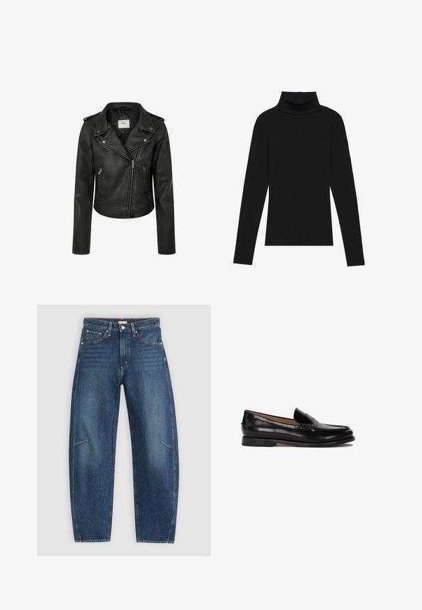 Svart fusk läder bikerjacka med en kortad design, asymmetrisk dragkedja framtill och knäppa kragar. Har dragkedjefickor på sidorna.; Svart polokrage långärmad topp, tillverkad av ribbat tyg, har en figurnära design med hög hals och inga mönster eller accenter.; Mörkblå denimjeans med rak ben-design, som har framfickor, kontrasterande sömmar och en subtil blekt textur på benen.; Svart läderloafer med rundad tå, slip-on-design och subtila sömnadsdetaljer längs ovandelen. Platt gummisula.