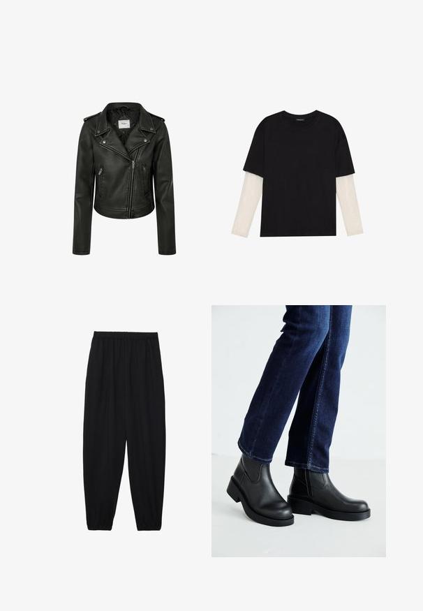 Mustast sünteetilisest nahast jalgratturi jakk, millel on lühendatud disain, asümmeetriline esitõmblus ja nööbiga krae. Omab lukuga küljetaskuid.; Mustmust särk, mis on valmistatud puuvillast, lühikeste varrukatega, valge pika varrukaga kihi peal, millel on peene tekstuuriga muster. Ümar kaelus.; Mustad, kerge kangas püksid elastse vöökoha ja kokku volditud pahkluudega. Kanga pind on sile ja disain on lõdvestunud, kitsenev.; Mustad mustad nahast sääre kõrgused saabastega, millel on paks tald ja küljel elastsed paneelid, kombineeritud tumedate siniste teksadega. Maapind on heledat värvi.