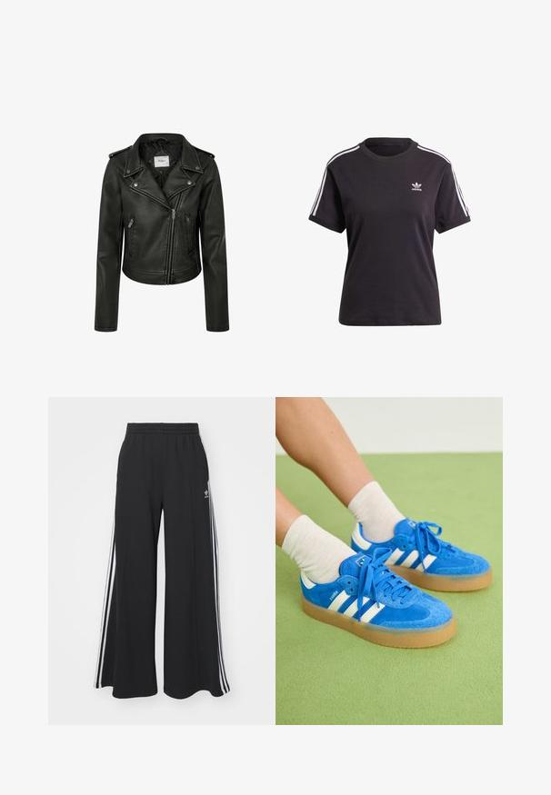 Juodas dirbtinės odos dviratininkų švarkas su trumpu dizainu, asimetrine priekyje užtraukiama užtrauktuku ir spaustukais. Yra užtrauktuku uždaromos šoninės kišenės.; Juodas medvilninis trumpa rankovėmis marškinėliai su apvalia iškirpte, su baltais dryžiais ant pečių ir maža balta Adidas logo ant krūtinės.; Juodos plačios kojų džinsinės kelnės su elastingu juosmeniu, turinčios baltas šonines juosteles ir išsiuvinėtą logotipą kairiajame šlaunyje.; Mėlyni zomšiniai sportbačiai su baltais dryžiais, guminiu padu, apvaliu pirštu ir audiniais raišteliais. Derinami su kremine spalvos kojinėmis ant žaliavos.