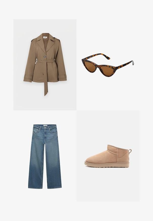 Brown belted jacket with a wide collar, single button closure, and rolled sleeves. Made of smooth fabric, featuring side pockets.; Brown knit sweater with a round neckline, dropped shoulders, and ribbed cuffs. Soft texture, cropped design, and loose fit.; Light blue wide-leg jeans made from denim, featuring a mid-rise waist, two front pockets, and classic stitching details.; Tan suede ankle boot with a rounded toe, soft texture, simple design, and a low-profile rubber sole. Features a pull tab at the back.; Cat-eye sunglasses with a black and orange tortoiseshell frame, brown lenses, and sleek, pointed tips. Features a minimal logo on the temple.; Dark brown suede handbag with a structured shape, featuring two top handles and a detachable strap with a gold-tone buckle accent.