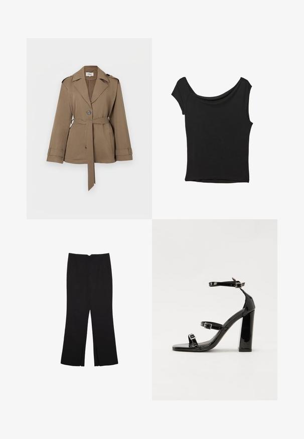 Braune Jacke mit Gürtel, weitem Kragen, einreihiger Knopfleiste und hochgekrempelten Ärmeln. Hergestellt aus glattem Stoff, mit seitlichen Taschen.; Schwarzes Kurzarmoberteil aus glattem Stoff; hat einen drapierten Ausschnitt und einen asymmetrischen Saum, mit einem figurbetonten Körper.; Schwarze Hose mit geradem Schnitt, ausgestattet mit Fronttaschen und Seitenschlitzen am Saum. Hergestellt aus weichem, glattem Stoff. Geeignet für verschiedene Anlässe.; Schwarze patentierte Sandalen mit Absatz, quadratischer Spitze, Knöchelriemen und silbernen Schnallen. Mit einem stabilen Blockabsatz für mehr Stabilität.