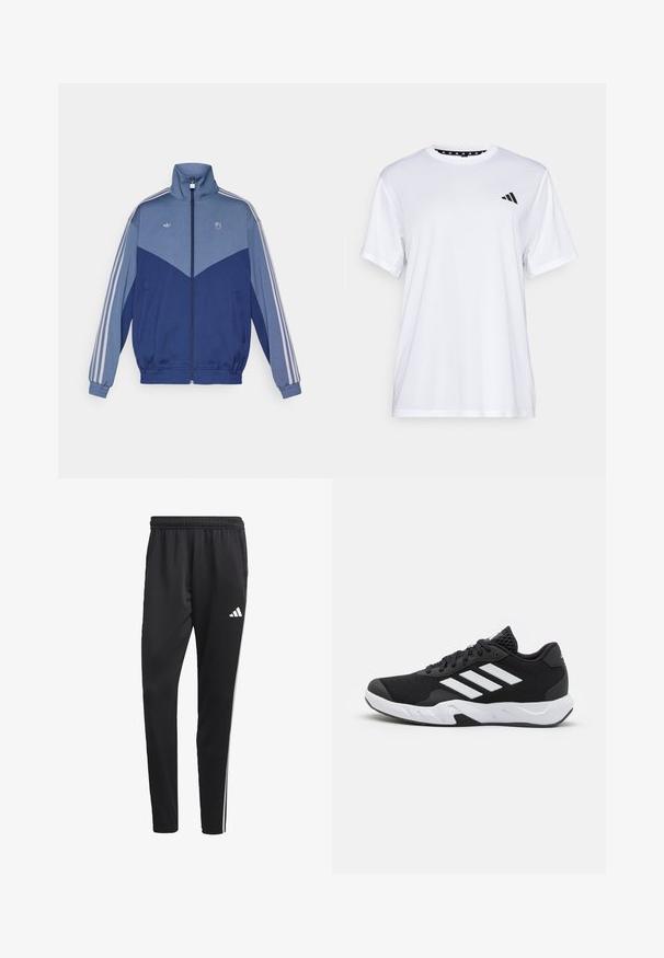 Mėlynas sportinis švarkas su aukštu apykakle, užtrauktuku priekyje ir elastingomis rankovių kumšteliais. Dėka šviesesnio mėlyno intarpas ir trijų baltų juostelių kiekvienoje rankovėje.; Balta sportinė marškinėliai trumpomis rankovėmis, pagaminti iš drėgmę šalinančios medžiagos. Kairėje krūtinės pusėje yra juodas logotipas, o apykaklės viduje yra raštuotas dizainas.; Juodos sportinės kelnes su tampriu juosmeniu, baltomis šoninėmis juostelėmis ir mažu baltu logotipu ant šlaunies. Pagamintos iš sklandžios, lengvos medžiagos.; Juodi sportiniai batai su tekstūruotu tinkliniu paviršiumi, baltais akcentų dryžiais, paminkštintu padu ir sustiprintu kulnu paramai.