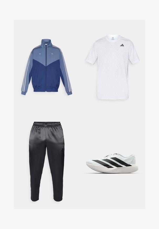 Blue track jacket with a high collar, zip front, and elastic cuffs. Features a lighter blue panel and three white stripes down each sleeve.; White short-sleeve t-shirt featuring a subtle diamond pattern, made from lightweight fabric, with a black adidas logo on the chest.; Black athletic pants made of smooth, lightweight fabric with an elastic waistband. Features a small logo on the left side and tapered legs.; Lightweight running shoes in pale blue with black stripes. Features a smooth upper, round toe, and thick white midsole labeled "LIGHTSTRIKE PRO."