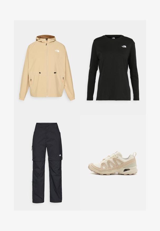 Beige letvægtsjakke, lynlås foran, hætte, justerbare snore, elastiske manchetter, to frontlommer med orange lynlåse, logo på brystet.; Sort langærmet t-shirt lavet af bomuld med rund hals. Har et lille hvidt logo på venstre brystområde. Enkel design og pasform.; Sorte nylon cargo bukser med lynlås, justerbare manchetter, flere lommer og et logo på højre ben. Glat, let tekstur.; Beige og creme atletiksko med struktureret mesh-overdel, støttende overlays og gummiyderside med et mønster for trækkraft.