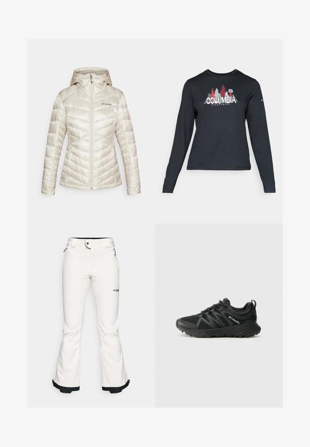 Columbia PEAK™ HOODED JACKET - Zimska jakna - dark stone; Majica dugih rukava tamnosive boje s grafikom crvenih drveća i planina; logo "COLUMBIA" u podebljanom bijelom tekstu. Mekana tkanina, standardni okrugli izrez.; Bijele skijaške hlače izrađene od mekog, fleksibilnog materijala. Imaju uski struk, široke ispružene nogavice i crne obrube na manžetama. Vidljiv brend logo.; Columbia PEAKFREAK - Obuća za pješačenje - black