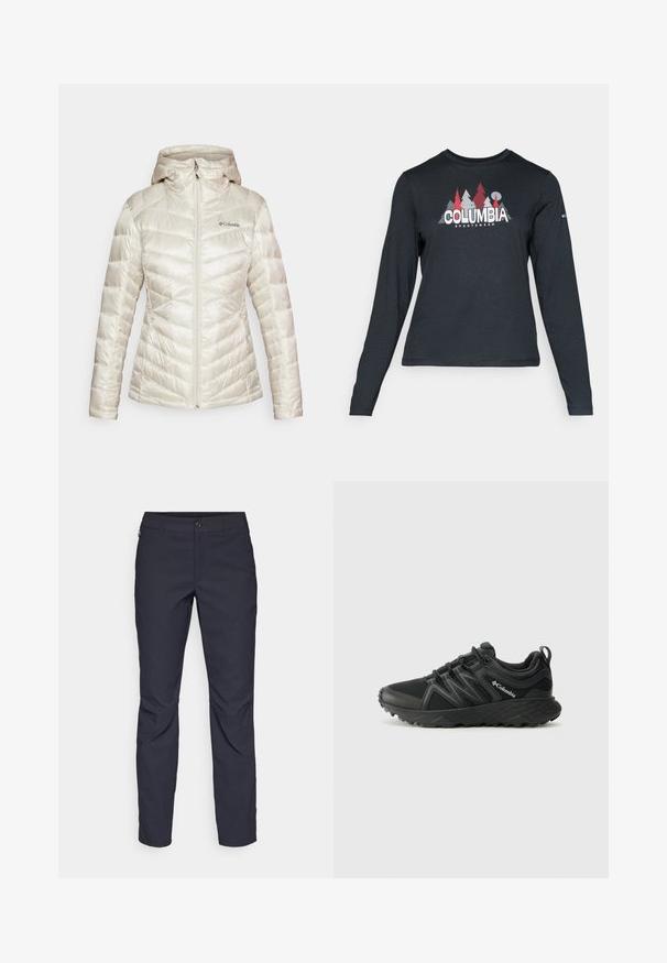 Columbia PEAK™ HOODED JACKET - Zimní bunda - dark stone; Tmavě šedá dlouhá košile s grafikou červených stromů a hor; logo "COLUMBIA" v tučném bílém písmu. Měkká tkanina, standardní kulatý výstřih.; Námořnické modré kalhoty vyrobené z hladké tkaniny, s předním zapínáním na knoflík, přiléhavým střihem a sklady v oblasti kolen.; Columbia PEAKFREAK - Trekingové boty - black