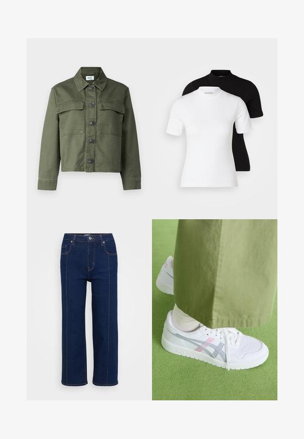 Oliva zöld farmerdzseki, gallérral, elöl gombos záródással és két mellzsebbel. Az anyaga sima textúrájú és enyhén formázott fazonnal rendelkezik.; Even&Odd Petite 2 PACK - Basic póló - white/black; Sötét kék, egyenes lábú farmernadrág gombos záródással, elülső és hátsó zsebekkel, valamint látható narancssárga varrással a varratok mentén.; Fehér sportcipő szürke és rózsaszín kiegészítőkkel, sima bőr felsőrésszel, perforált orral és lapos fehér talppal, olíva zöld nadrággal párosítva.