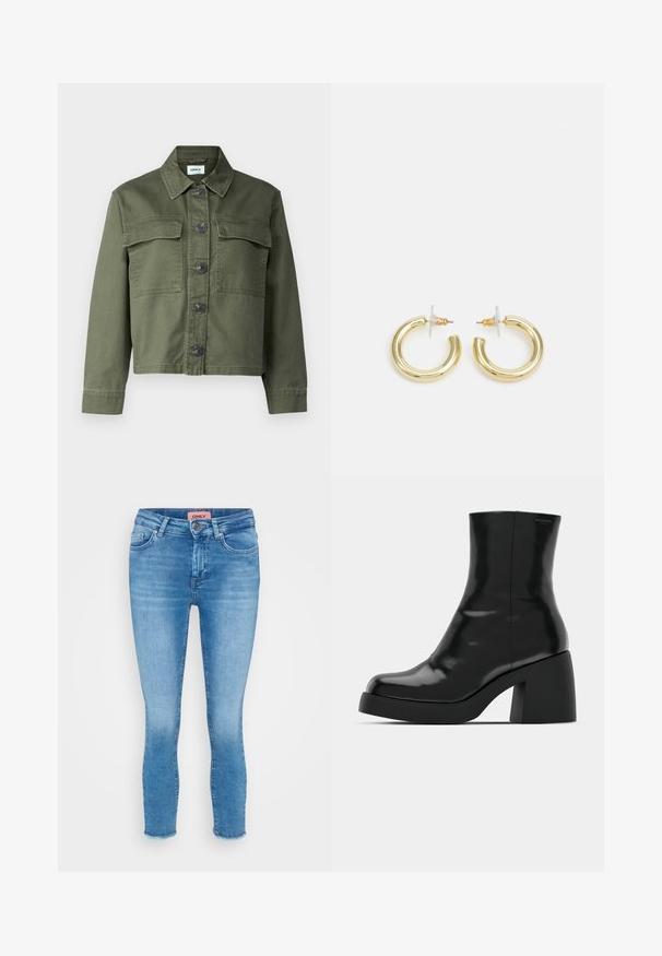 Jachetă din denim verde măsliniu cu guler, închidere frontală cu nasturi și două buzunare la piept. Țesătura are o textură netedă și o croială ușor structurat.; Trei bluze scurte cu mânecă lungă, așezate una peste alta, de culori alb, bej și verde-albastru estompat, cu gât rotund pe un fundal gri deschis.; Blugi skinny din denim de culoare albastru deschis, cu talie medie, design cu cinci buzunare și detalii cu tiv brut la glezne. Eticheta brandului este vizibilă la talie.; Botine negre la gleznă cu un finisaj lucios, vârf pătrat și toc gros. Designul are o siluetă fără cusături și branding minim.; Cercei cercuri din aur cu un finisaj neted și strălucitor. Design circular cu un mic suport și un spate transparent pentru o purtare sigură.