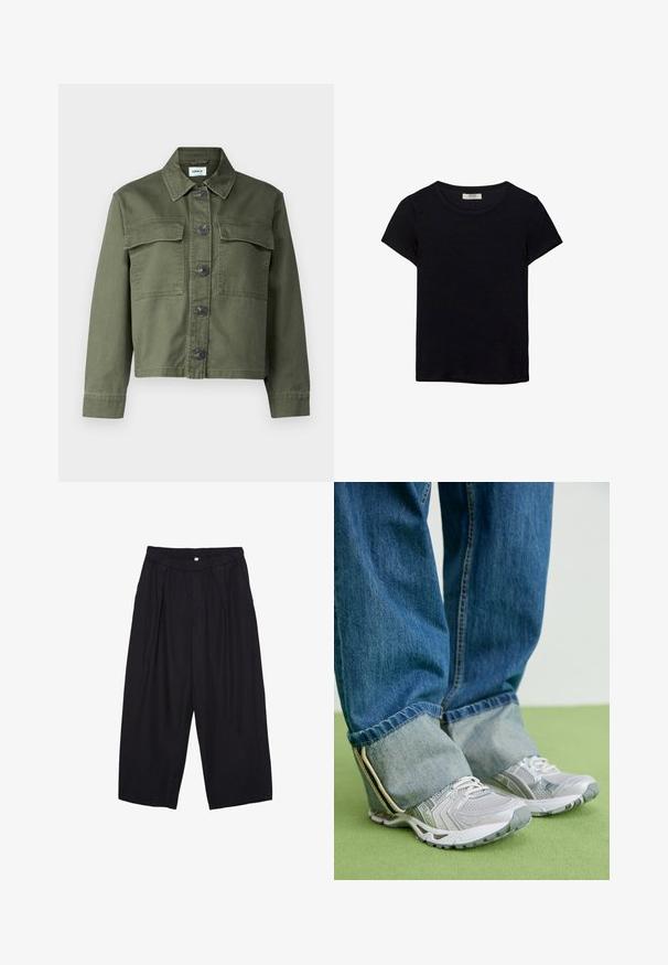 Olivově zelená denimová bunda s límečkem, předním zapínáním na knoflíky a dvěma náprsními kapsami. Tkanina má hladkou strukturu a mírně strukturovaný střih.; Černé tričko s krátkým rukávem vyrobené z měkké látky. Má klasický kulatý výstřih a volný střih. Žádné vzory nebo akcenty nejsou viditelné.; Černé polyesterové culotte kalhoty s elastickým pasem, dvěma předními sklady a volným siluetou. Žádné viditelné vzory ani kovové detaily.; Šedé sportovní boty s síťovinou a bílými akcenty, spárované s modrými džínami, které jsou na kotnících ohrnuté.