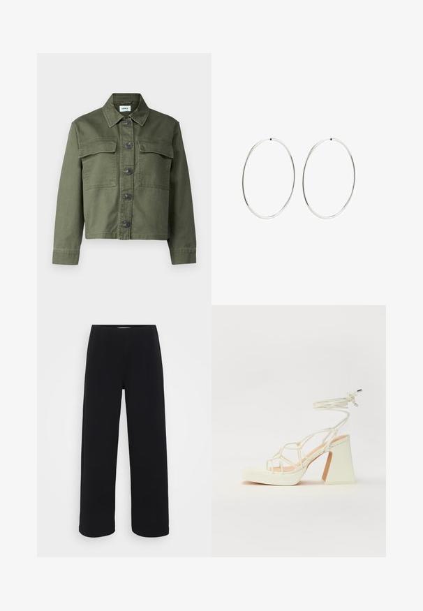 Maslinasto zelena denim jakna s ovratnikom, prednjim zatvaranjem na dugmiće i dva džepa na prsima. Tkanina ima glatku teksturu i blago strukturiran kroj.; Crna pamučna majica, kratki rukavi, okrugli izrez, opušteni kroj, glatka tekstura, jednostavan dizajn, bez uzoraka ili naglasaka.; Crne široke hlače s elastičnim pojasom. Napravljene od teksturiranog materijala, s prostranim krojem i ravnim rezom od bokova do donjeg ruba.; Bijela sandala na visokoj potpetici s debelim petom, s remenom i vezanjem oko gležnja. Glatka tekstura s platformom sprijeda za dodatnu visinu.; Srebrne naušnice od obruča s glatkim, okruglim dizajnom i poliranim završetkom. Tanak su i lagani, s jednostavnim zatvaranjem.